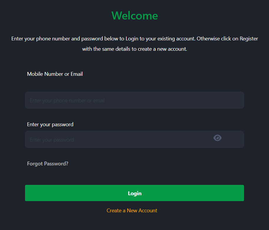 login Login form with phone number and password