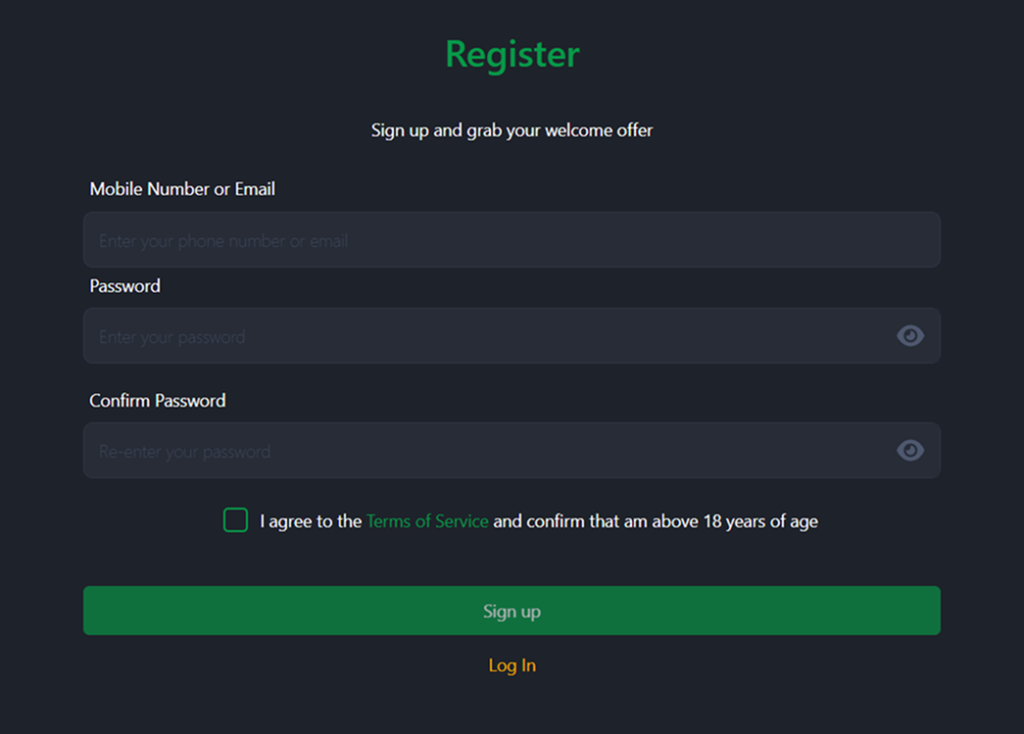 registration Registration form with phone email and password