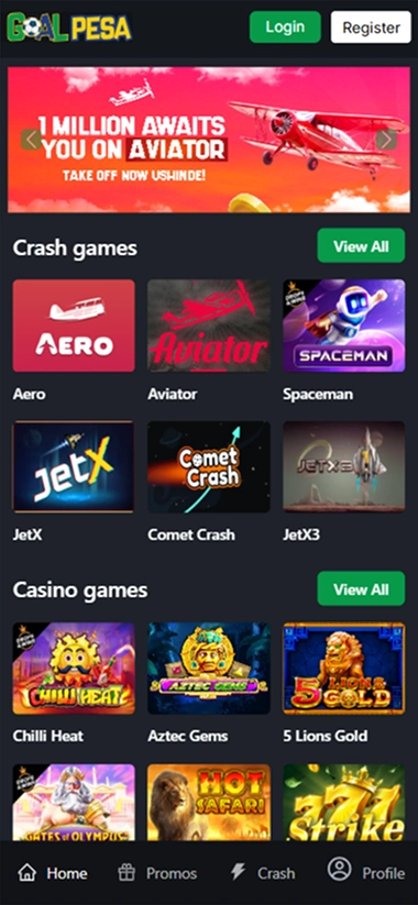 screen-1 Mobile lobby with crash and casino games